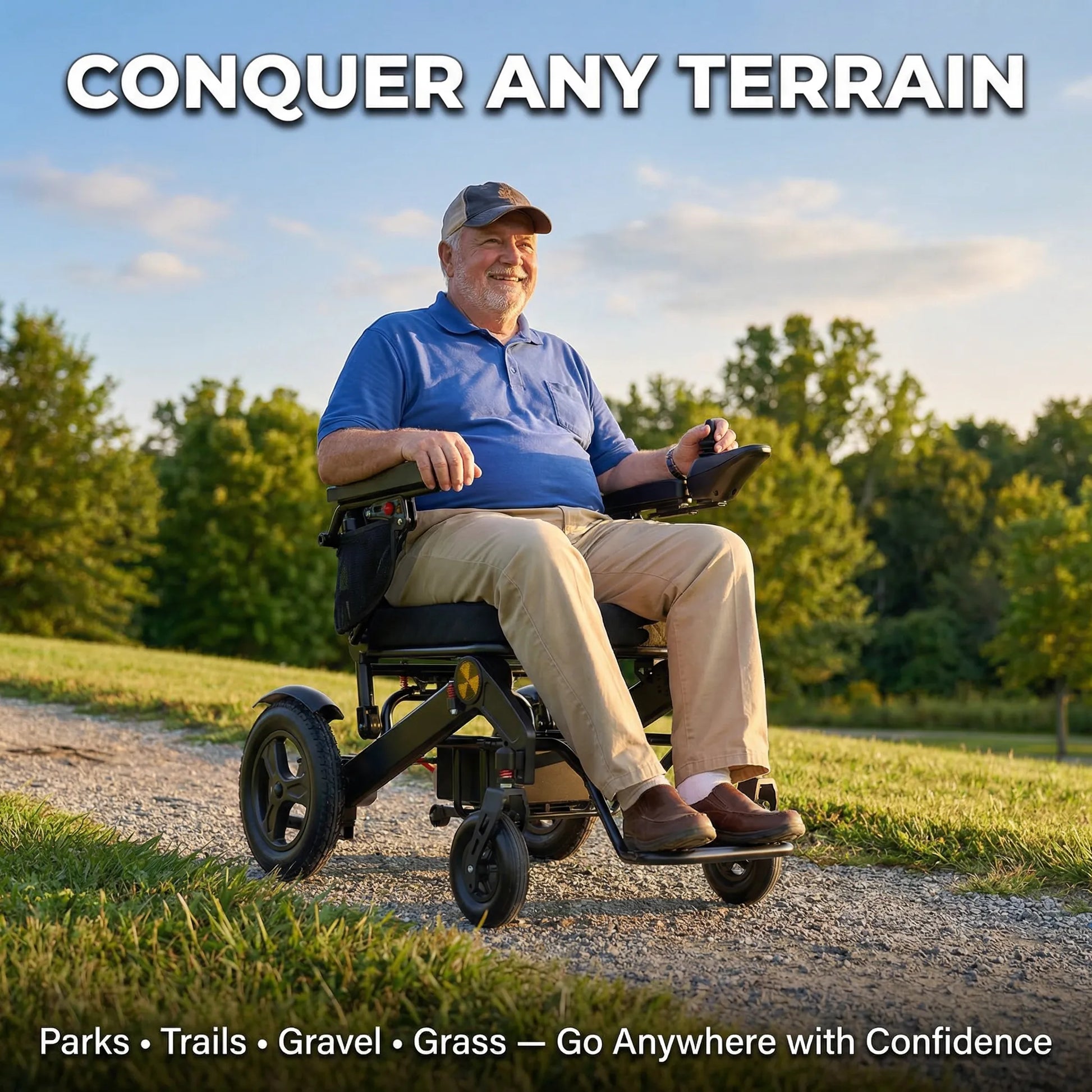 Man using a mobility scooter on a path with trees and sky in the background, promoting confidence in mobility solutions.