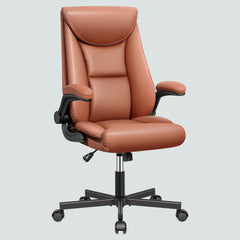 Leather Office Chair, Ergonomic Home Office Desk Chair, Back Support Swivel Executive Office Chair with Wheels and Flip-Up Armrests,