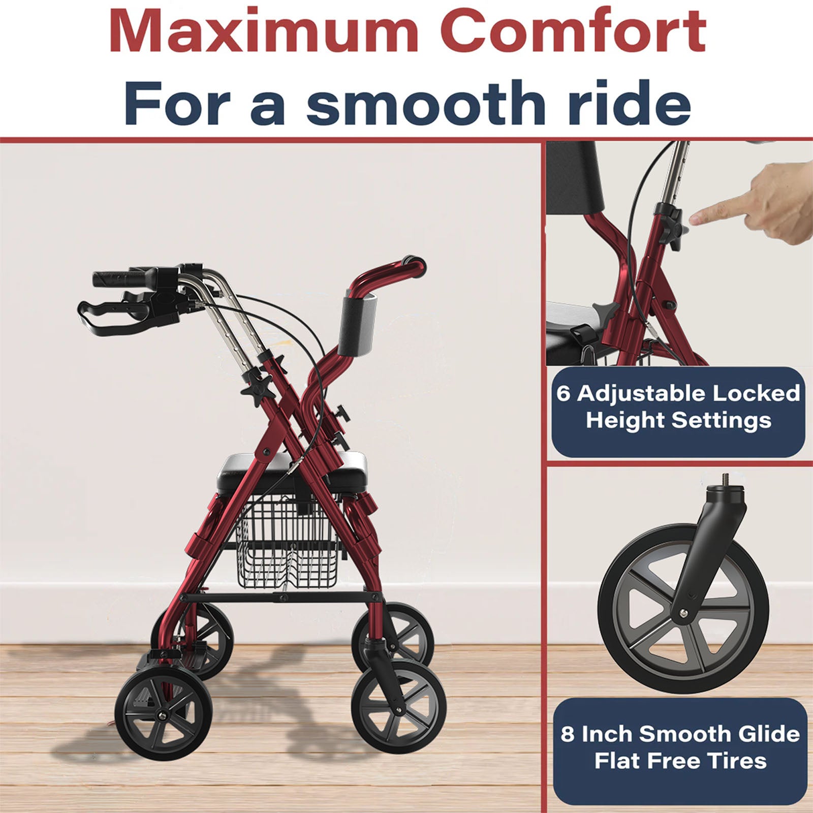 2-in-1 Aluminum Wheelchair Folding 4-Wheel Walker Rollator With Adjustable Handles