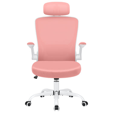 Black ergonomic office chair with mesh backrest, padded seat, adjustable armrests, and a headrest.