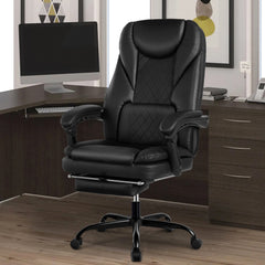 Executive Office Chair, Big and Tall Office Chair with Foot Rest Reclining Leather Chair High Back Lumbar Support Ergonomic Office Chair with Padded Armrests
