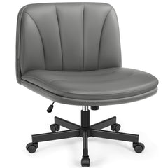 COOLHUT 26" W Criss Cross Chair with Wheels, Cross Legged Office Chair, Armless Adjustable Vanity Desk Chair, Wide Seat, and 2-Layer Cushions, PU Leather