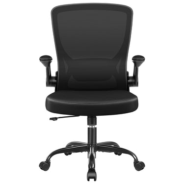 Black ergonomic office chair with mesh backrest, padded seat, adjustable armrests, and a headrest.