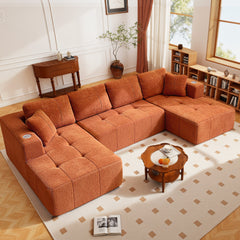 COOLHUT 136.2" U Shaped Sofa Couch, 4-Seater Sectional Plush Fabric Sofa with 4 Waist Pillows, Deep Seat Large Couch with Double Chaise Lounge No Assembly for Living Room
