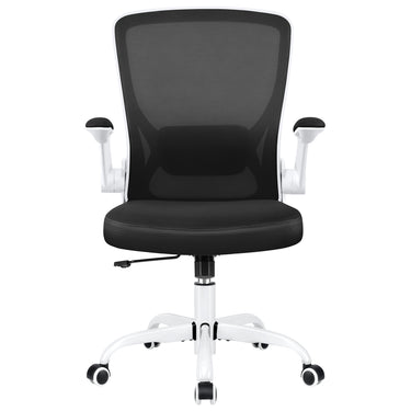 Pink ergonomic office chair with mesh backrest, padded seat, adjustable armrests, and a headrest.