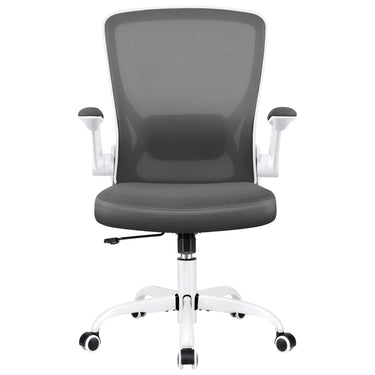 Light blue ergonomic office chair with mesh backrest, padded seat, adjustable armrests, and a headrest.