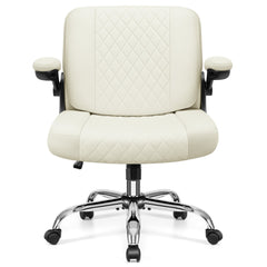 COOLHUT Criss Cross Office Chair with Flip Padded Backrest, Comfy PU Leather Cross Legged Desk Chair, Flip-Up Arms & Extra-Wide Seat for Home Office, Vanity Chair
