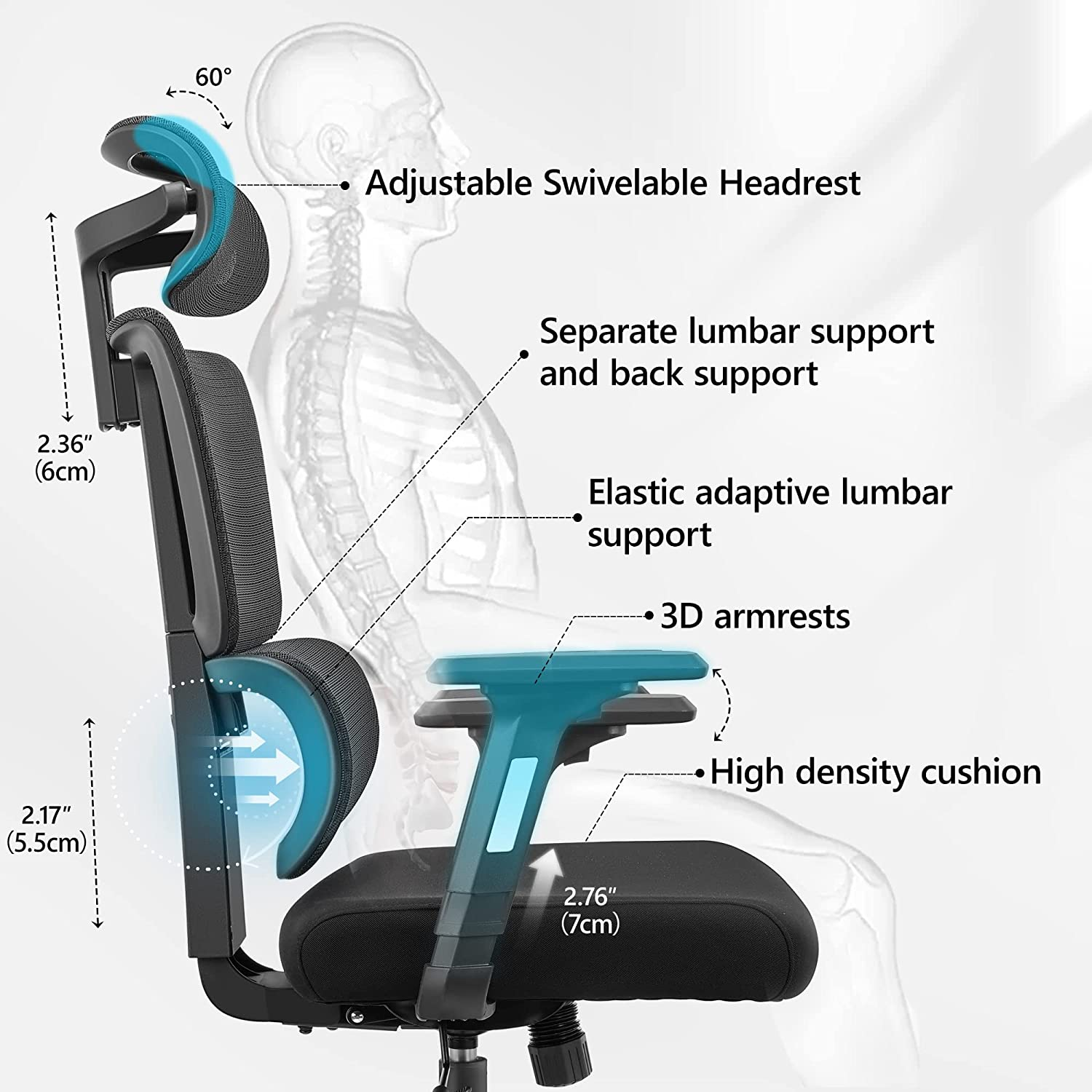 Ergonomic Office Chair Dual Backrests, BV Lumbar Support Office Desk Chair  Back Support, Breathable mesh Office Chair 3D Adjustable Armrest