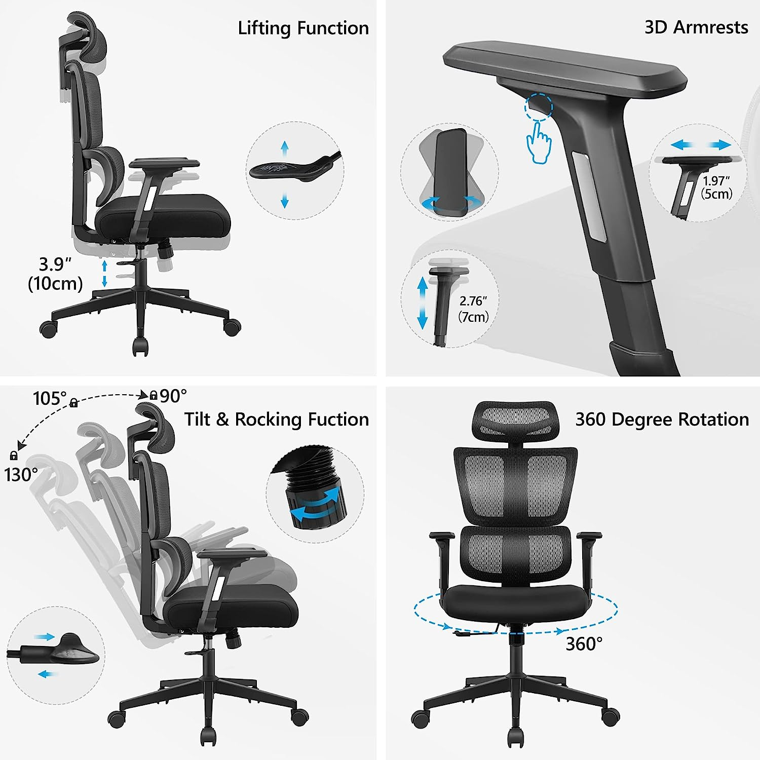 Ergonomic Office Chair With 3D Adjustable Backrest Kerdom
