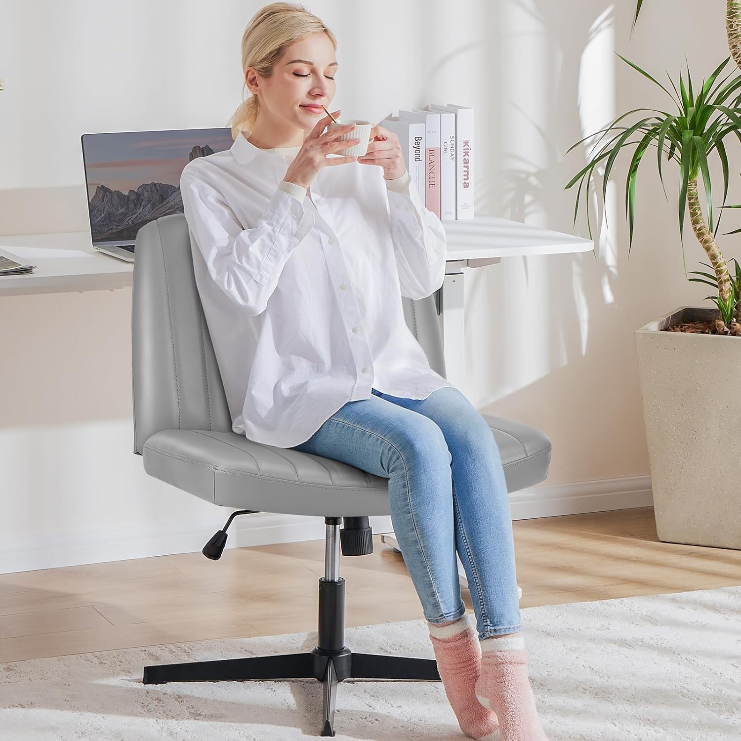 Kerdom Office Armless Chair Cross Legged with Adjustable Height