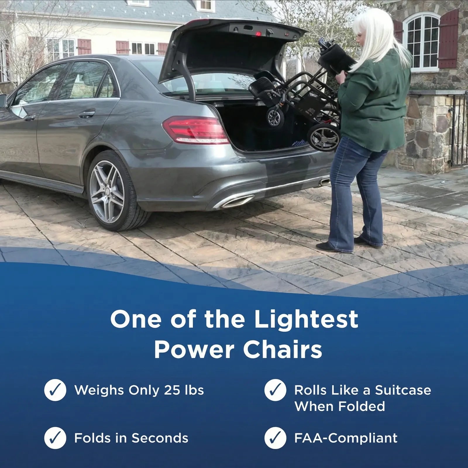Person loading DX08 power chair into a car with promotional text about the chair's features.