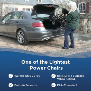 Person loading DX08 power chair into a car with promotional text about the chair's features.