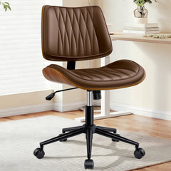 COOLHUT Home Office Chair, Armless Adjustable Height Small Office Desk Chair, PU Leather Swivel Computer Chair, Modern Walnut Bentwood Chair for Office, Reading Meeting Room, Makeup Vanity