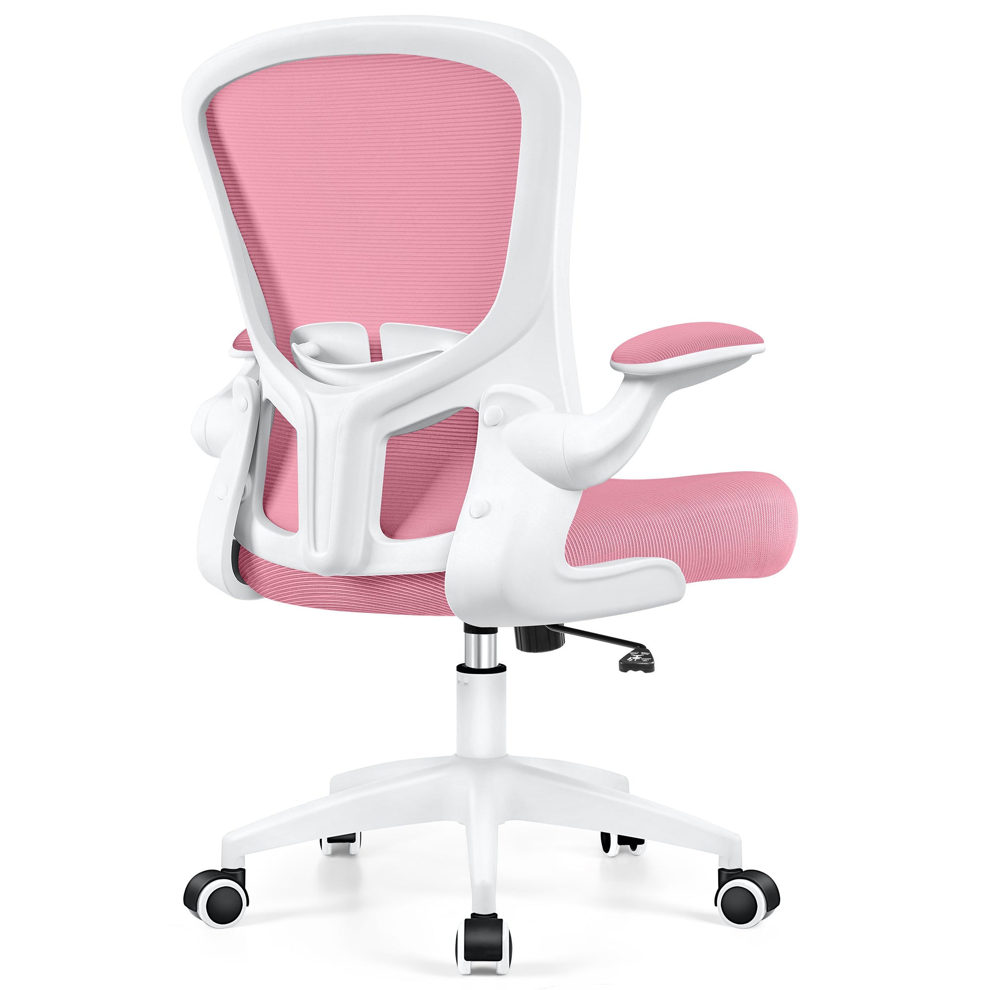 Pink and white ergonomic office chair with mesh backrest and adjustable armrests.