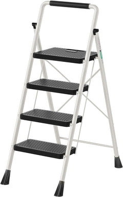 4 Step Ladder, RIKADE Folding Step Stool, Step Stool with Wide Anti-Slip Pedal, Lightweight, Portable Folding Step Ladder with Handgrip, Multi-use Steel Ladder for Household and Office