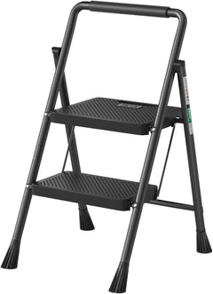 2 Step Ladder, RIKADE Folding Step Stool, Step Stool with Wide Anti-Slip Pedal, Lightweight, Portable Folding Step Ladder with Handgrip, Multi-use Steel Ladder for Household and Office Black