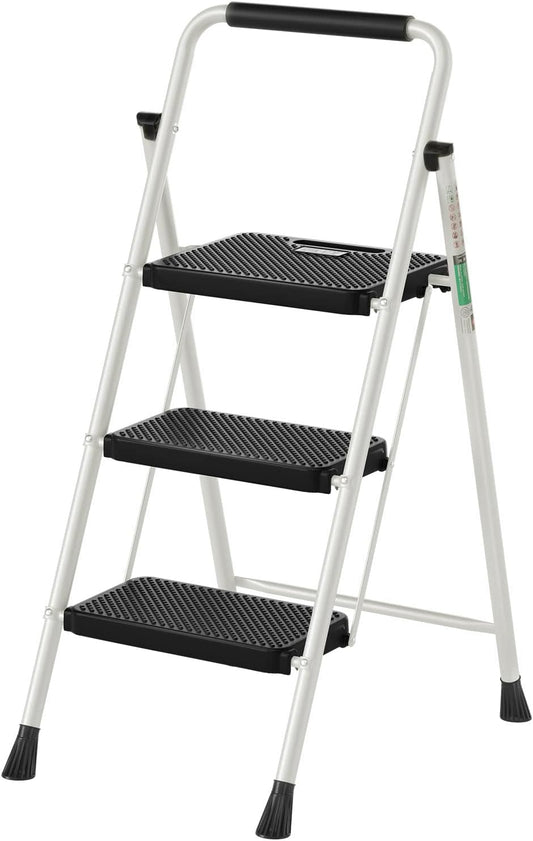 3 Step Ladder, RIKADE Folding Step Stool, Step Stool with Wide Anti-Slip Pedal, Lightweight, Portable Folding Step Ladder with Handgrip, Multi-use Steel Ladder for Household