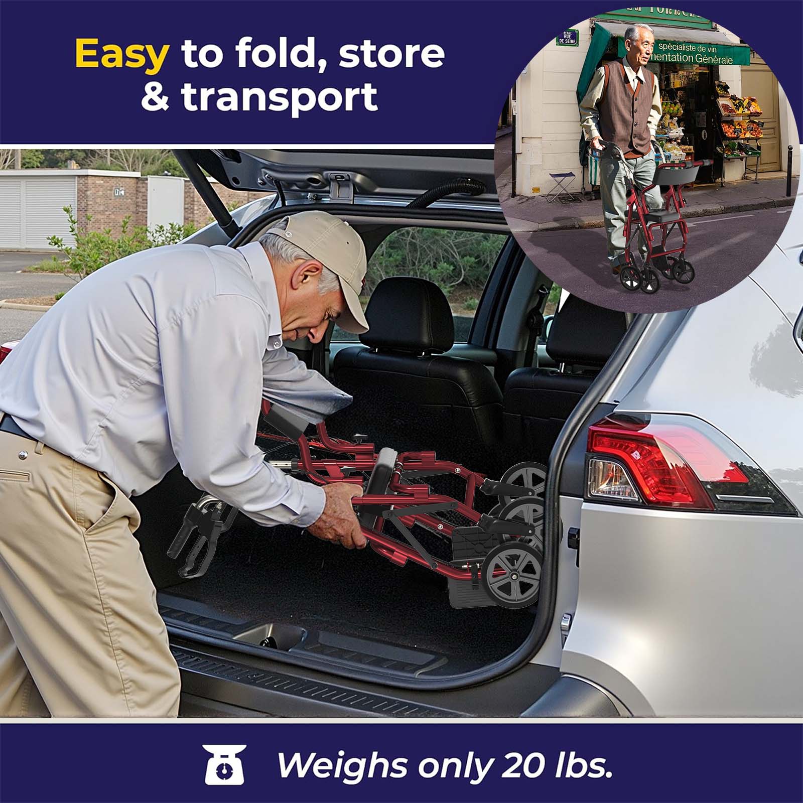 2-in-1 Aluminum Wheelchair Folding 4-Wheel Walker Rollator With Adjustable Handles