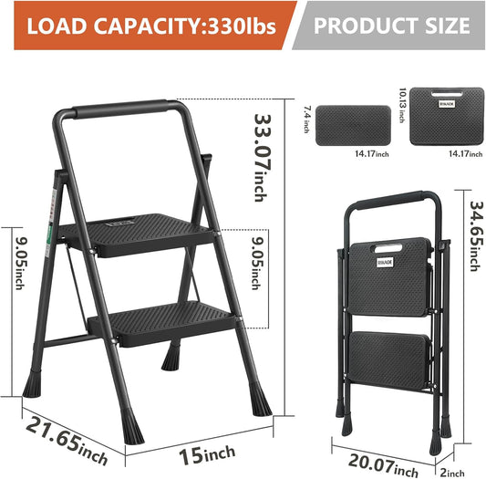 2 Step Ladder, RIKADE Folding Step Stool, Step Stool with Wide Anti-Slip Pedal, Lightweight, Portable Folding Step Ladder with Handgrip, Multi-use Steel Ladder for Household and Office Black