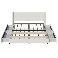 COOLHUT Platform Bed Frame with 4 Storage Drawers and Headboard, Wing Edge Design/Noise-Free/Wooden Slats Support/No Box Spring Needed/Easy Assembly, White
