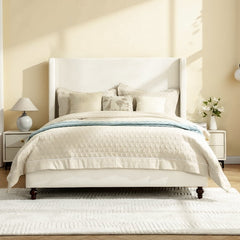 COOLHUT Bed Frame, All Wood Slats Support Platform Bed Frame, Upholstered Wingback Headboard, Solid and Stable Bed Frame, No Box Spring Needed/Easy Assembly/White