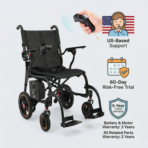 Electric wheelchair with remote control and warranty information on a light gray background