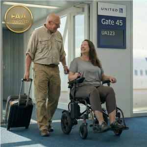 Man walking with a woman in a DX08 wheelchair at an airport, with 'FAA Approved' and 'United' signs visible.