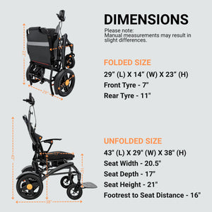Dimensions of a folded and unfolded wheelchair with measurements on a gray background
