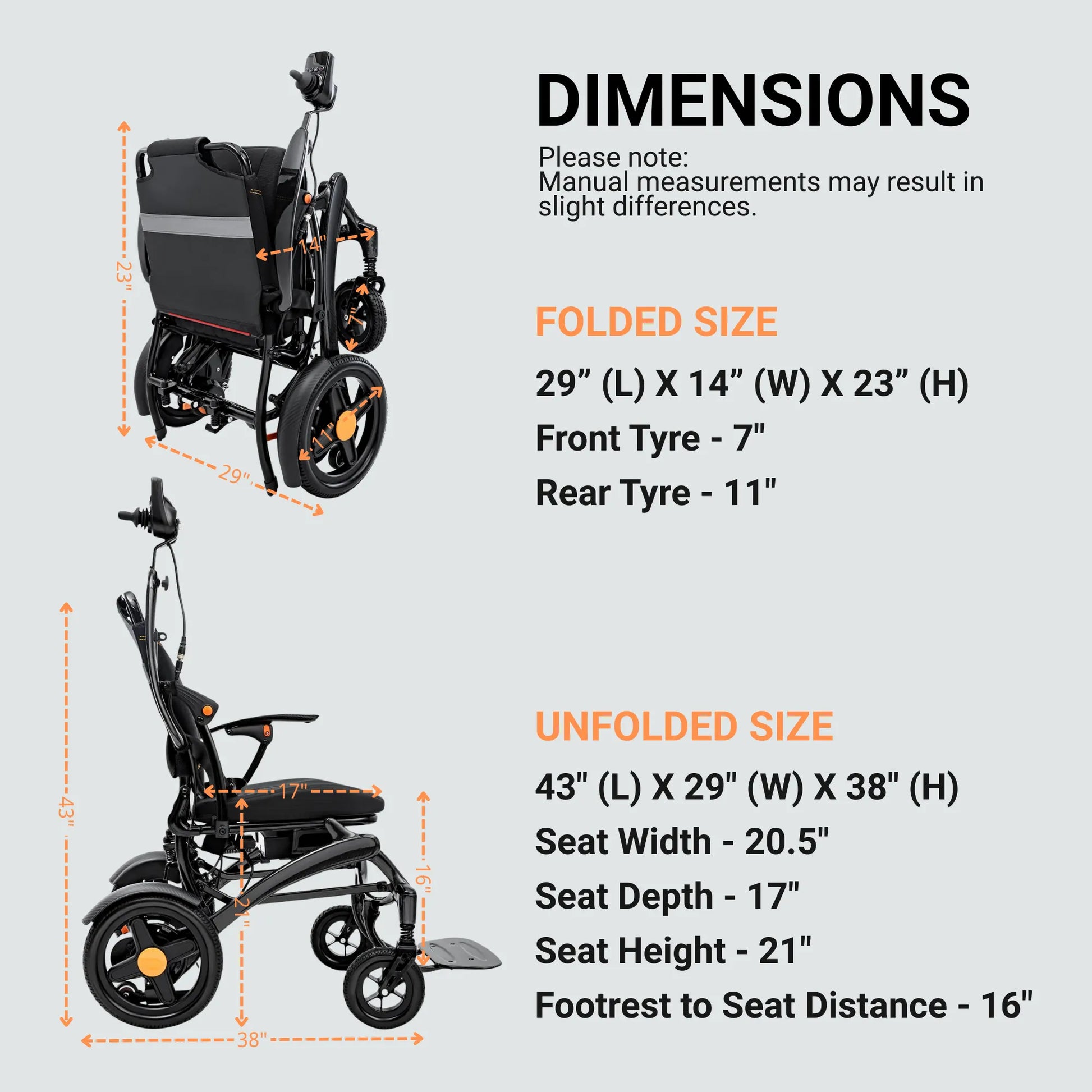 Dimensions of a folded and unfolded wheelchair with measurements on a gray background