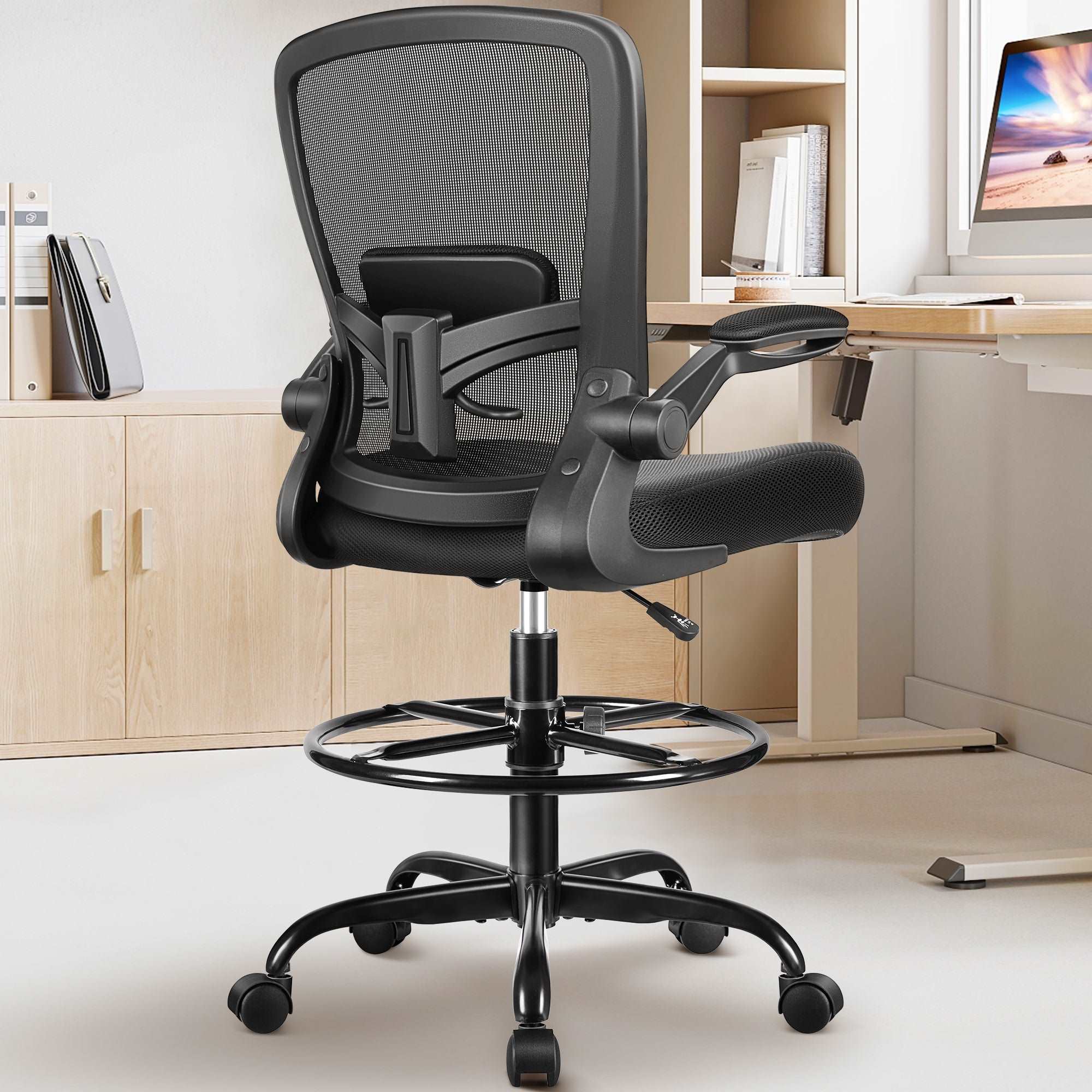KERDOM Black Mesh Drafting Chair Tall Office Chair for Standing Desk