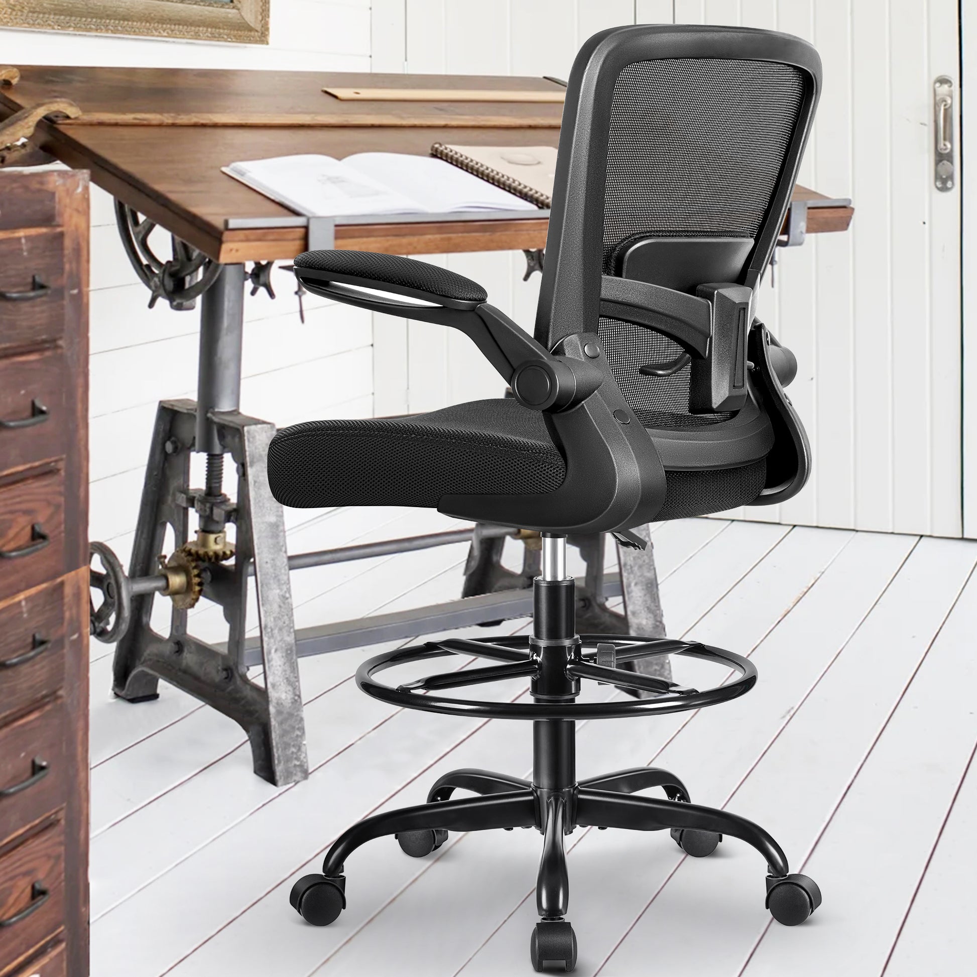 Ergonomic Drafting Chair with Adjustable Foot Ring and Flip-Up Arms