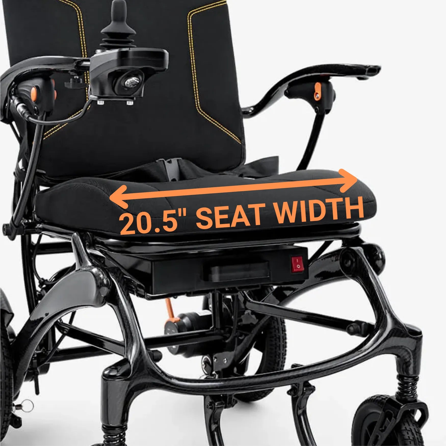 Wheelchair with a black seat showing the seat width measurement of 20.5 inches.