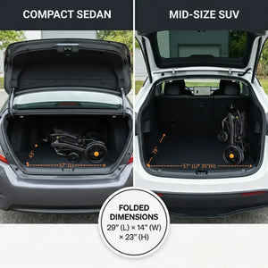 Foldable black electric wheelchair, lightweight and compact for easy lifting and carrying.