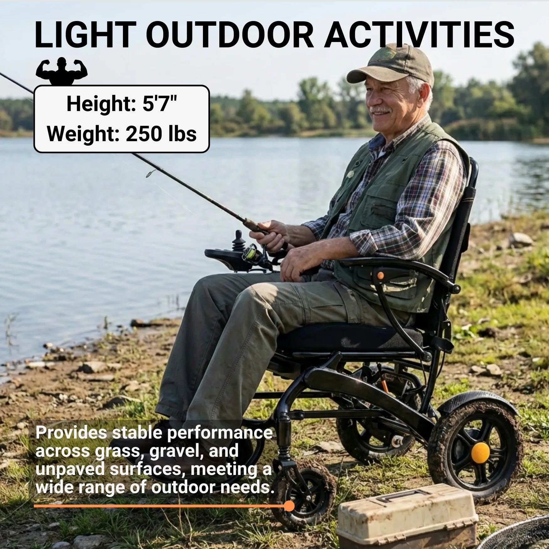 Man using a DX07 Ultra-Light Carbon Folding Electric Wheelchair in a forest 