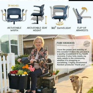 Kerdom scooter with wide, adjustable seats and a customer review on a suburban background.