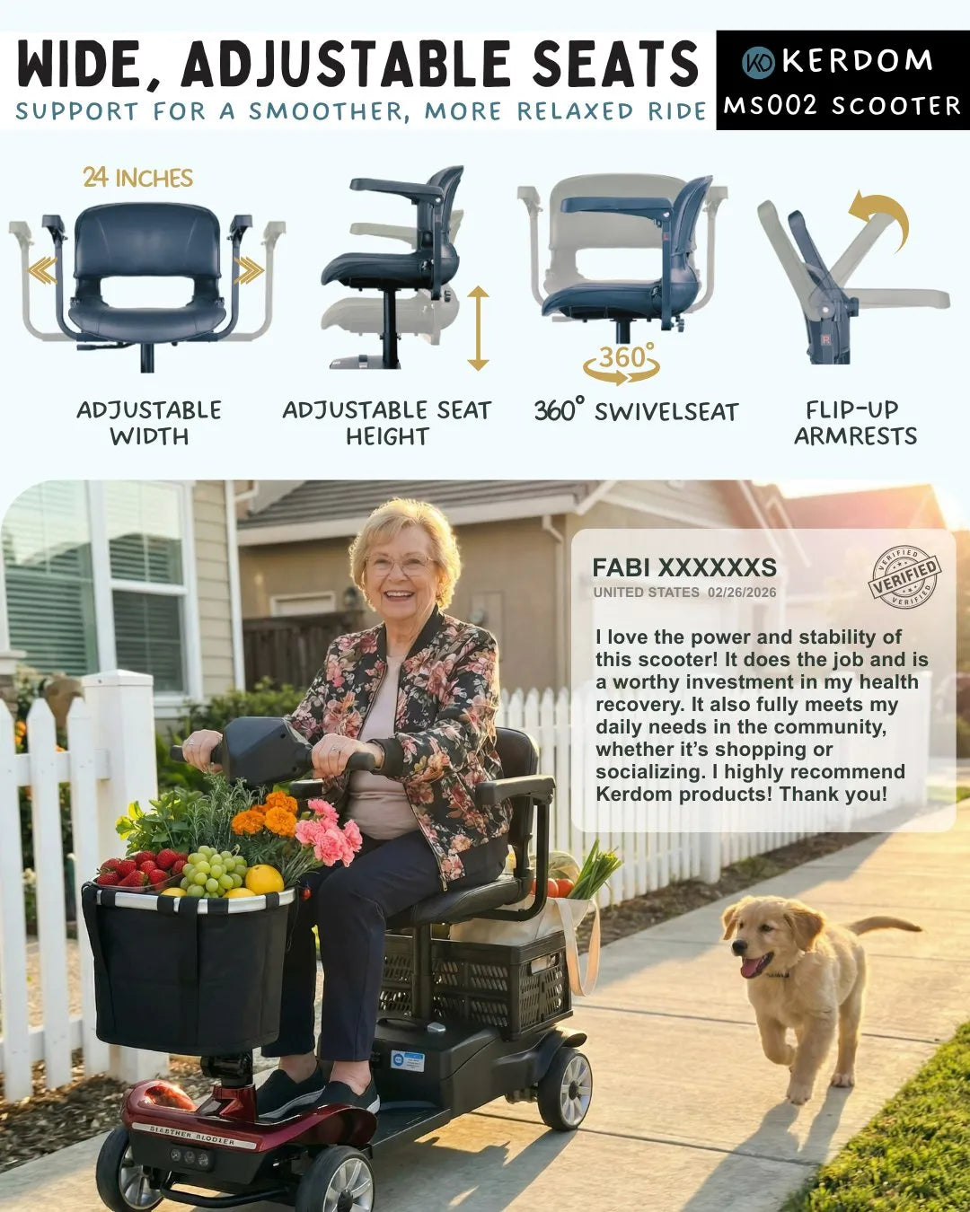 Kerdom scooter with wide, adjustable seats and a customer review on a suburban background.