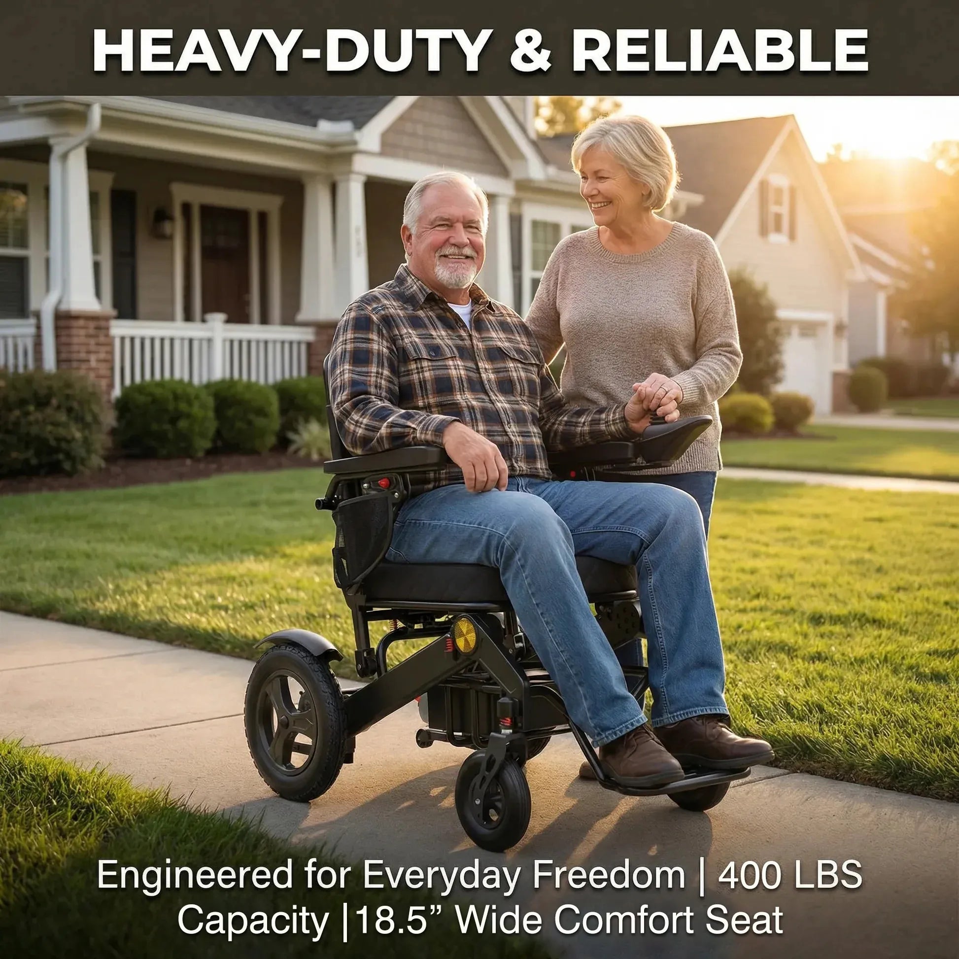 Man using a Kerdom DX05 with a woman pushing him, set against a suburban backdrop.