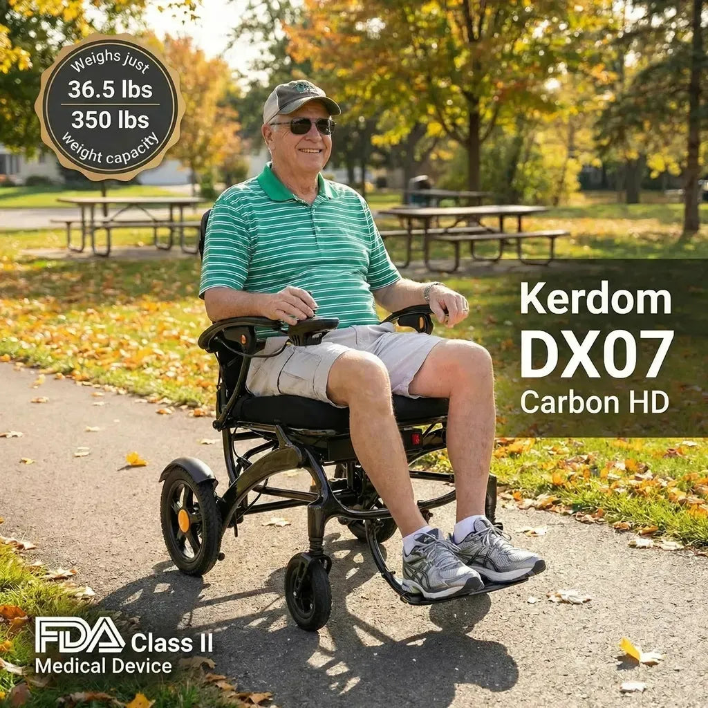 Man using a Kerdom DX07 Carbon HD wheelchair in a park setting