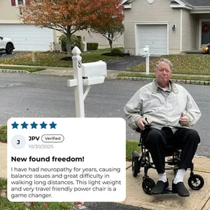 Man in a power chair on a residential street with a five-star review overlay.