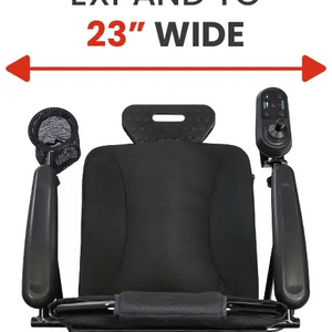 Black power wheelchair with expandable seat feature, showing a width of 23 inches.