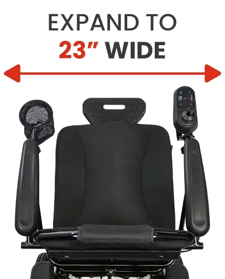 Black power wheelchair with expandable seat feature, showing a width of 23 inches.