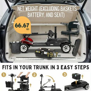 Scooter in a car trunk with weight information and assembly instructions.