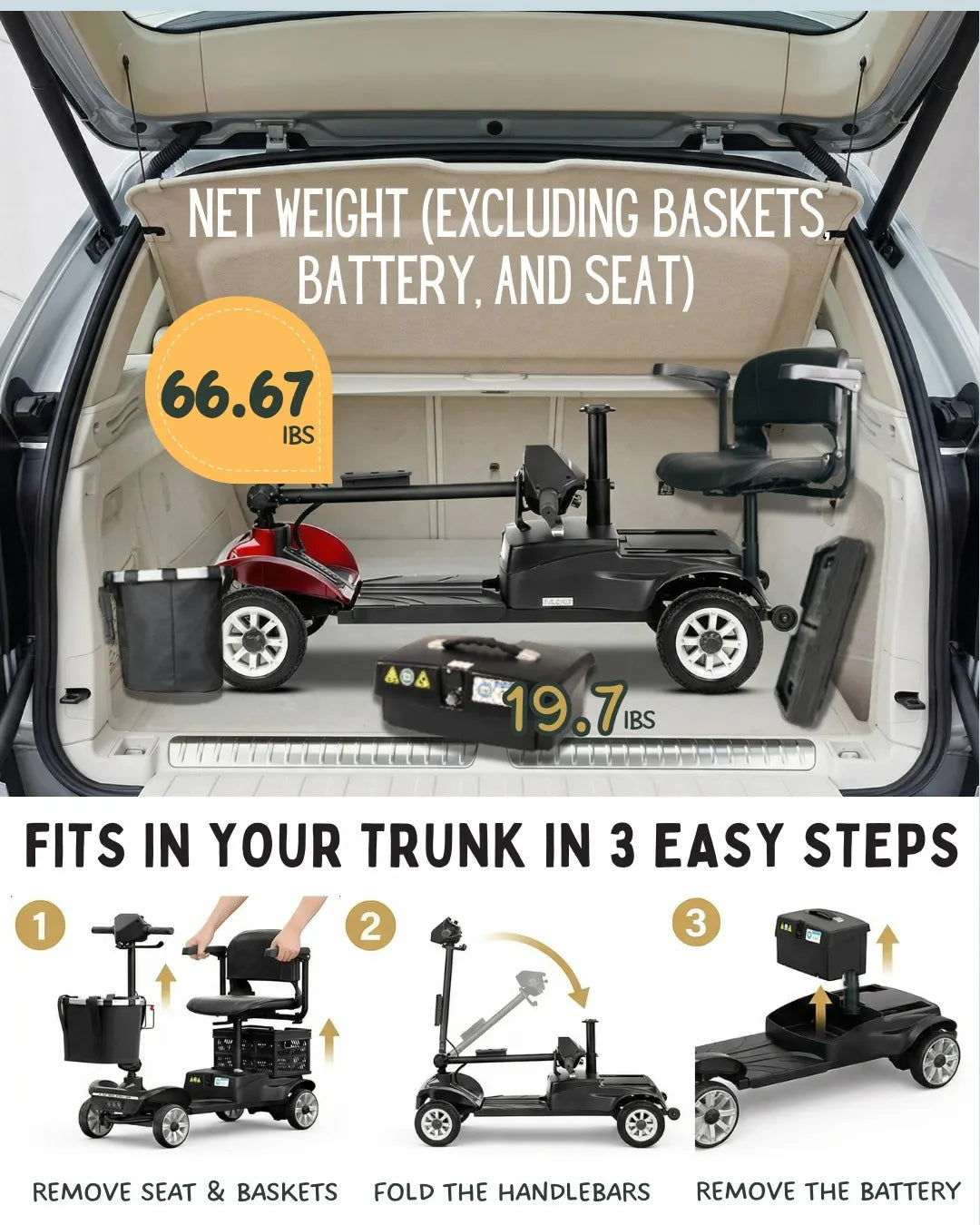 Scooter in a car trunk with weight information and assembly instructions.