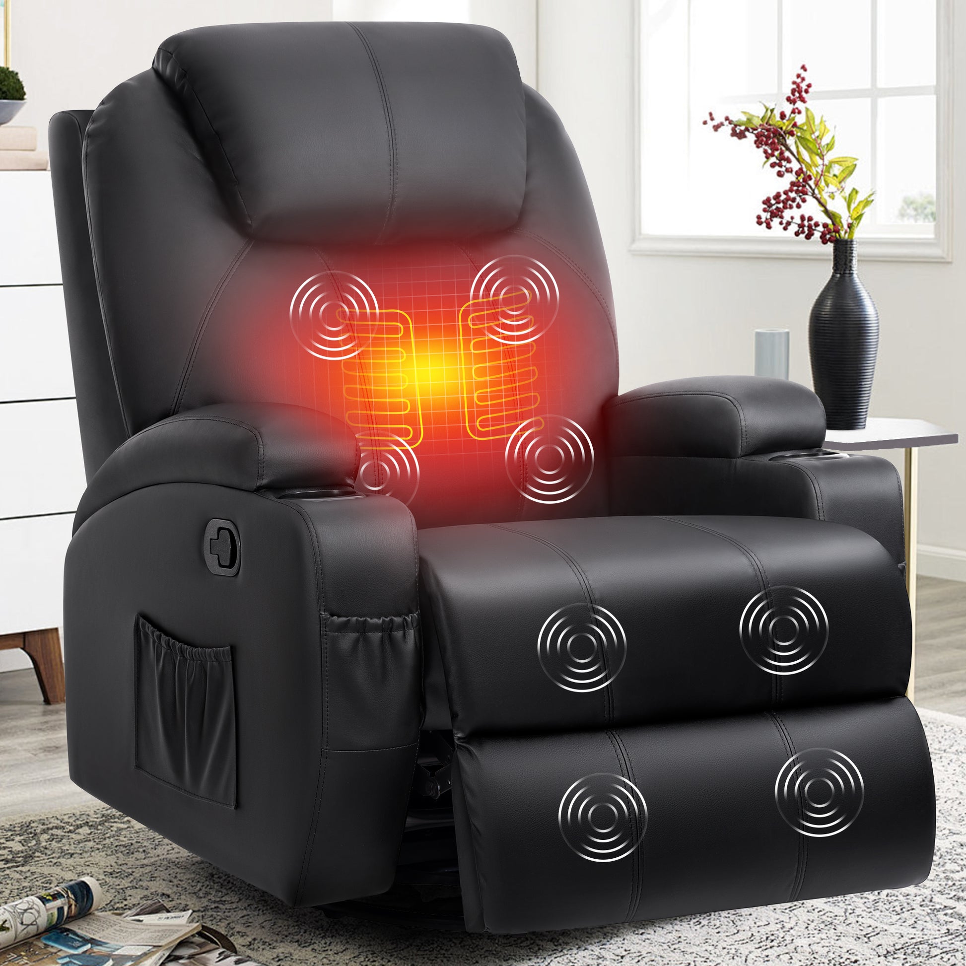 Manual Swivel Rocking Recliner Chair w/ Massage & Heat