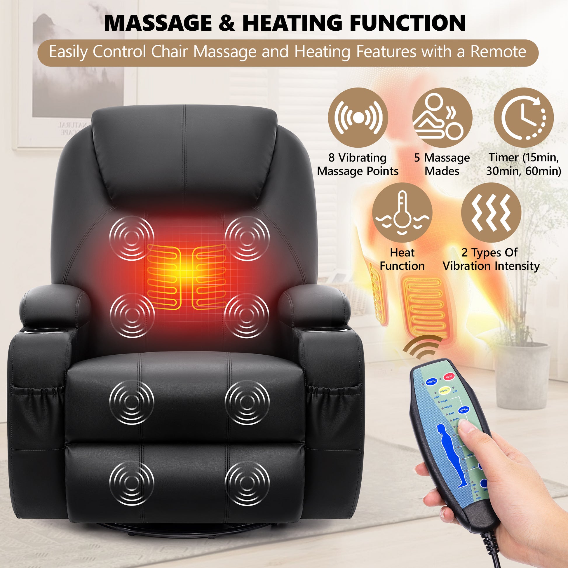 Manual Swivel Rocking Recliner Chair w/ Massage & Heat