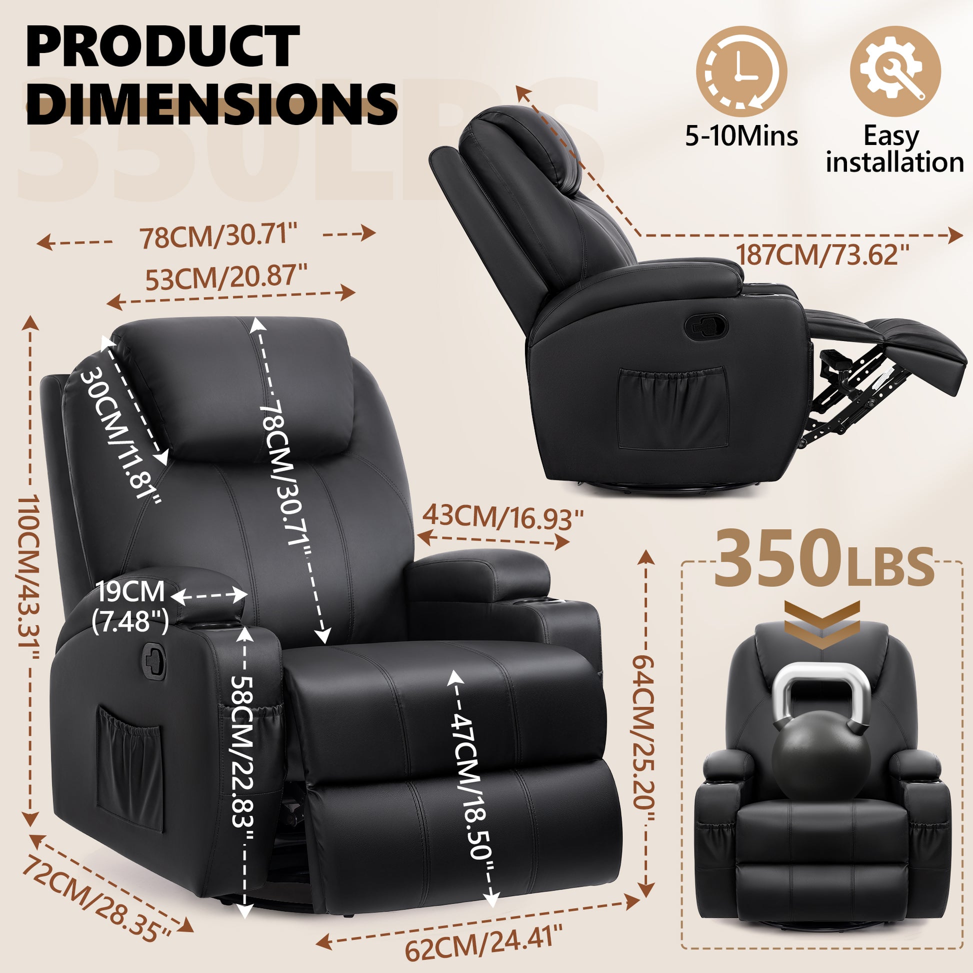 Modern Power Swivel Glider Recliner w/ Massage & Heat