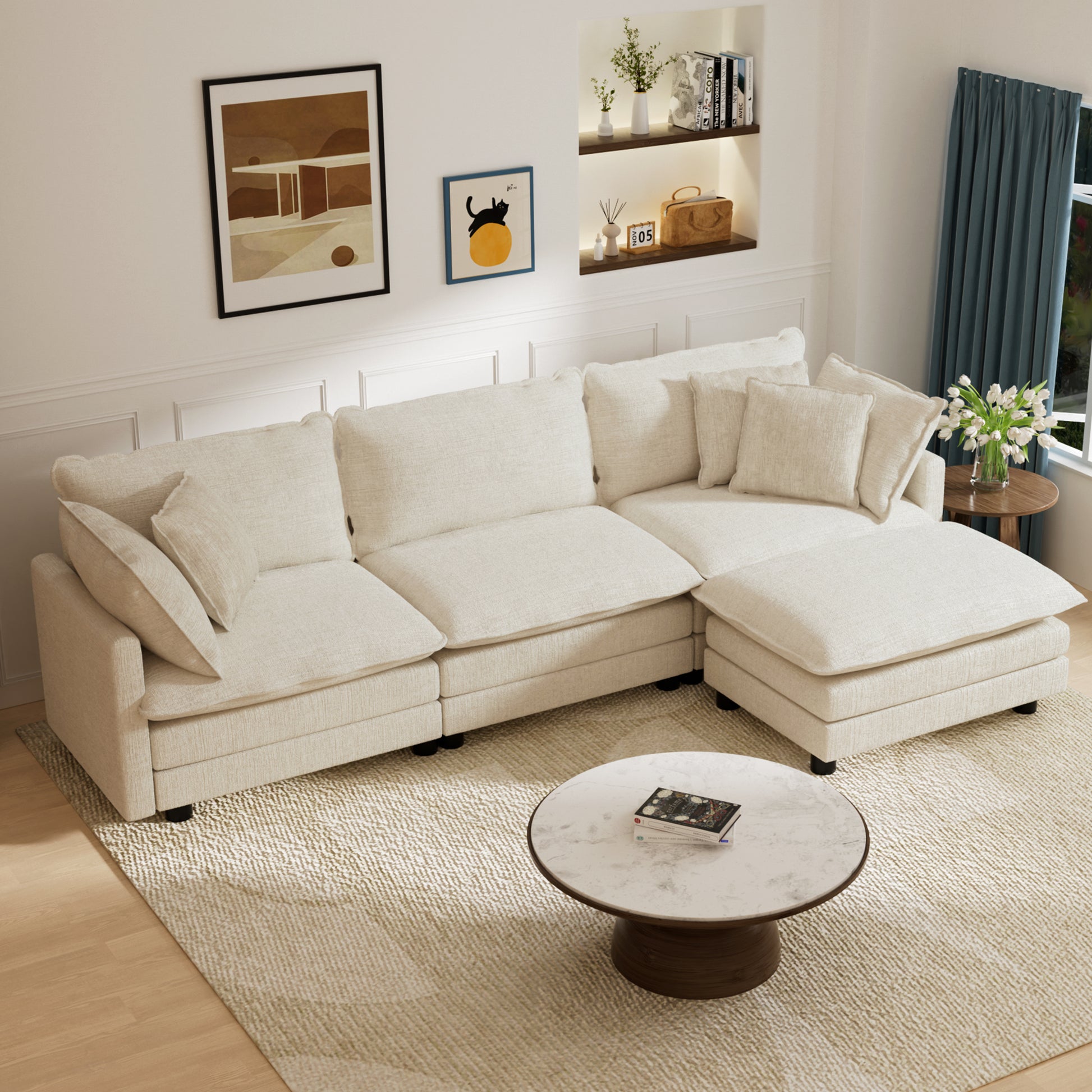 112" 4-Piece Modular White Velvet L-Shape Sectional Sofa