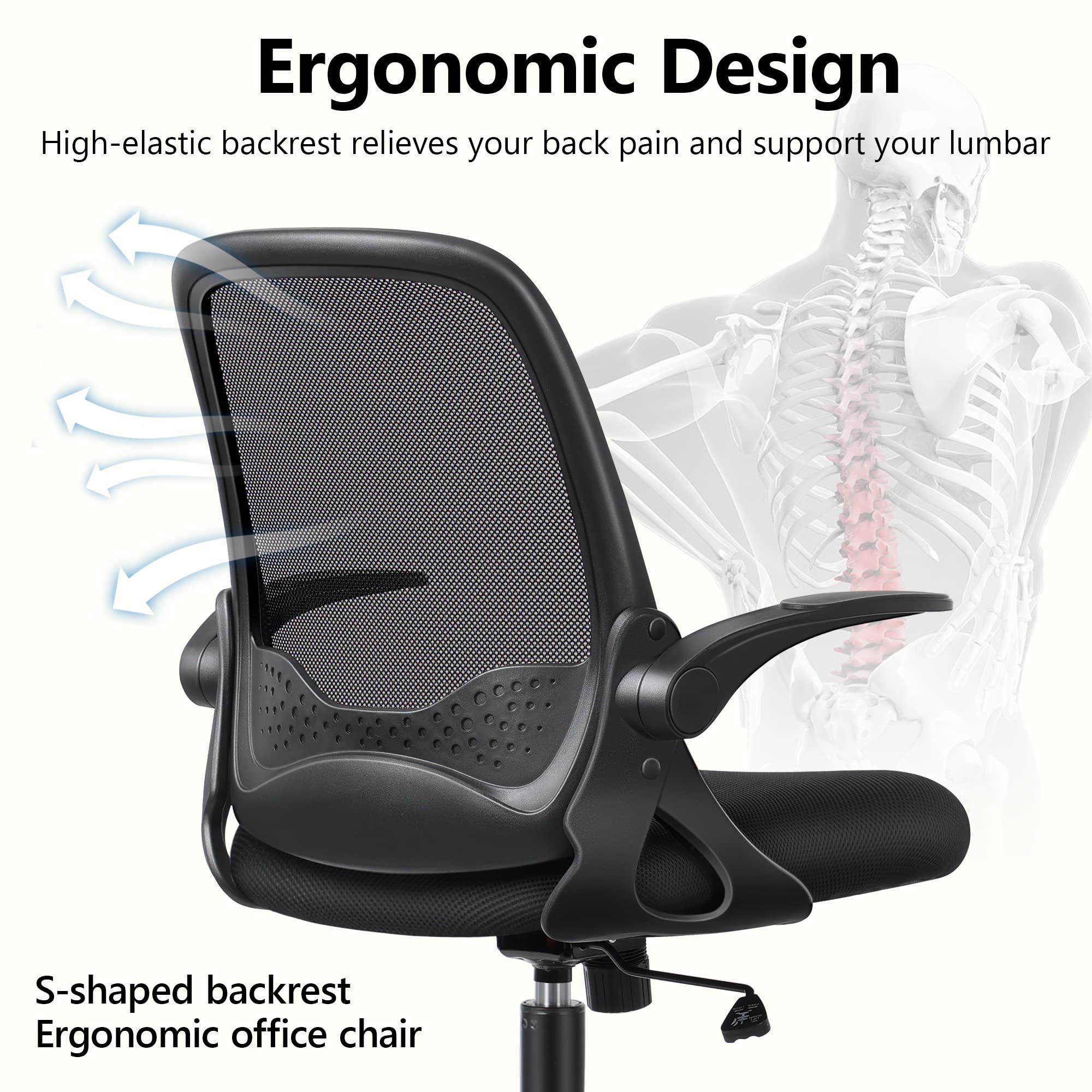 Kerdom|Ergonomic Office Mesh Desk Chair With Armrest & Lumbar Support