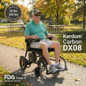 Man using a Kerdom Carbon DX08 wheelchair in a park setting
