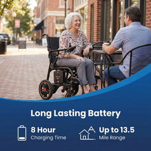 Woman in a wheelchair sitting at an outdoor cafe with a man, with text about battery life and range.